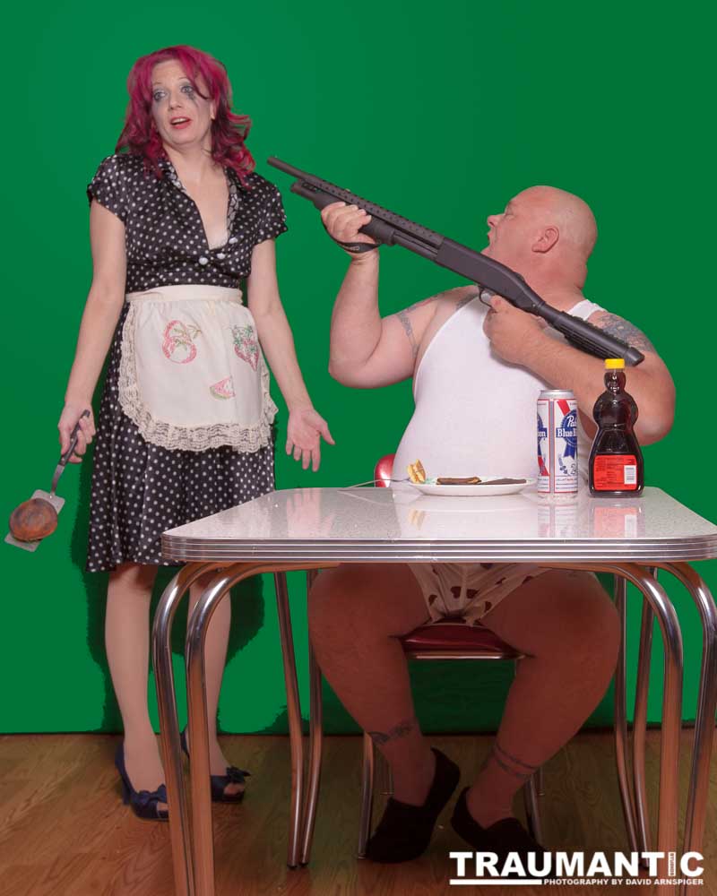 Possibly the single craziest shoot I have ever done in my tiny studio.  Eight people, sets, props, food, guns, and a complete lack of control of the situation lead to some of the funniest shots I have ever taken.