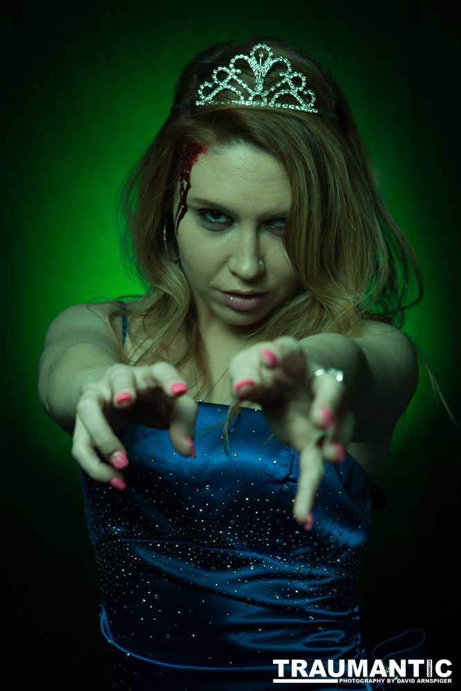 Whitney took me up on a shoot and tried out a look as a dead Prom Queen.  Once we got the green filters working, she looked great.